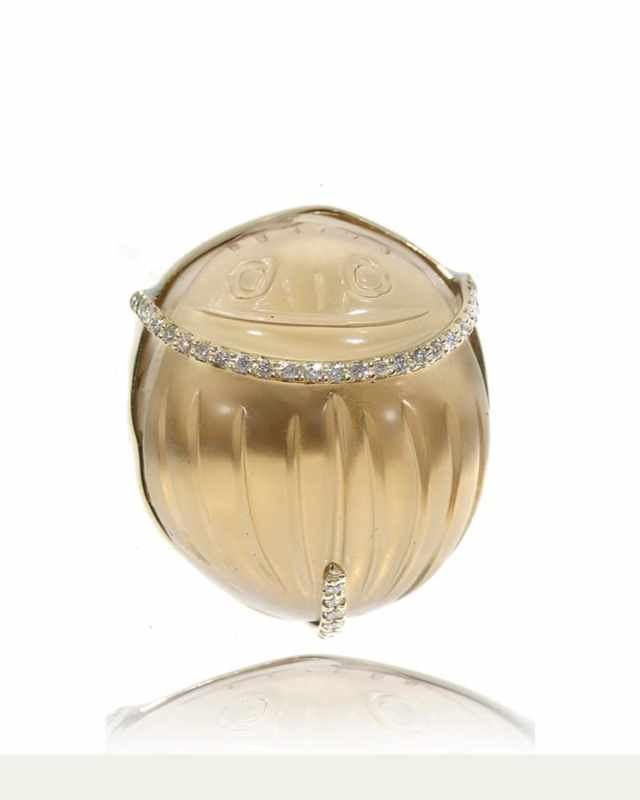 18K Yellow Gold Citrine Hand-Carved Scarab Ring with Diamonds, Size 6